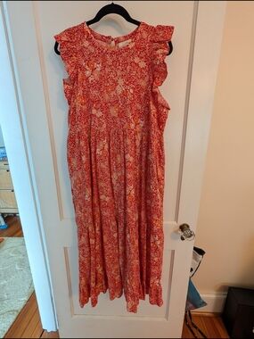 Universal Thread Red Floral Ruffle-Sleeve Maxi Dress